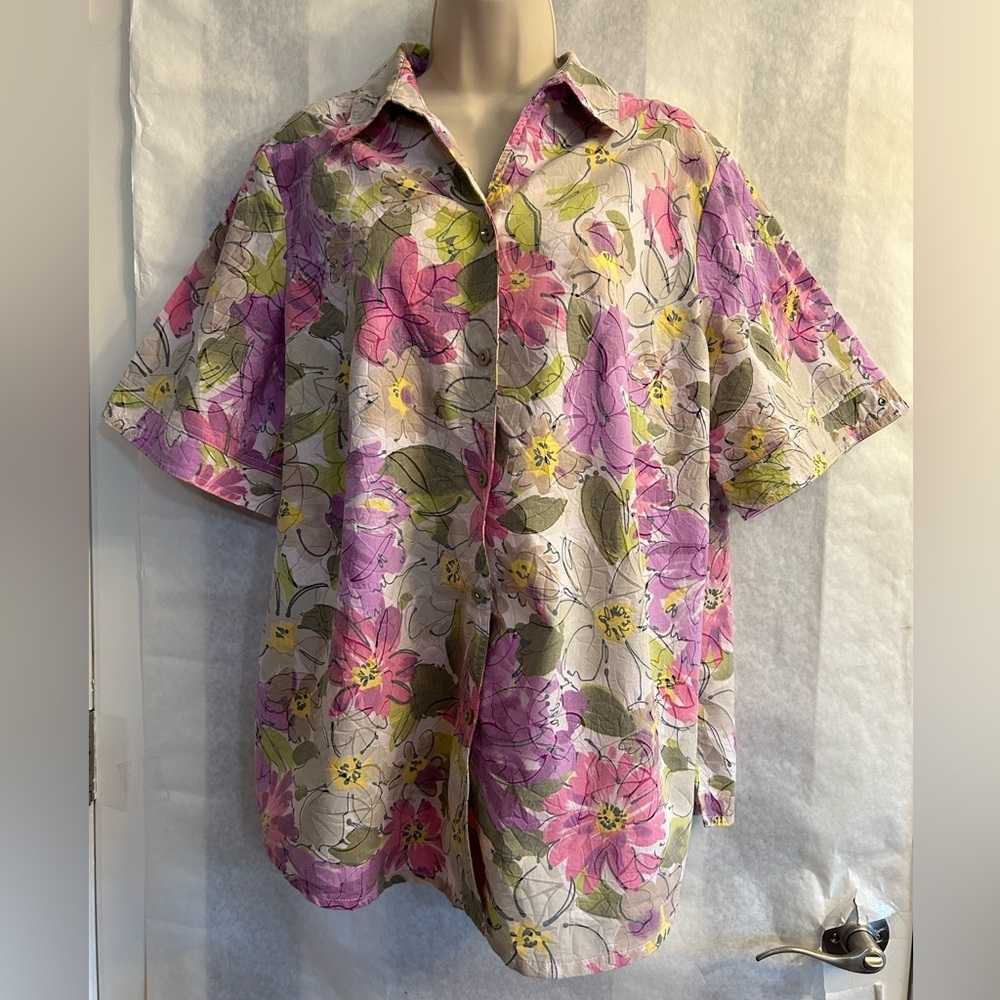 Allison Daley Pink and Green Floral Button Down Shirt women’s Sz-16W.‎   F10